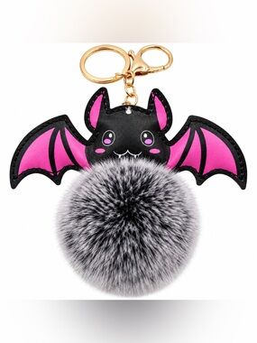 Halloween Bat Pom Pom Keychain Gray Faux Fur Plush Bag Charm Gothic Cute NEW